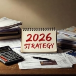 Masada dağınık duran faturalar, kredi kartları, bir hesap makinesi ve üzerinde "2026 PLAN" yazan bir not defteri.
