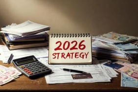 Masada dağınık duran faturalar, kredi kartları, bir hesap makinesi ve üzerinde "2026 PLAN" yazan bir not defteri.