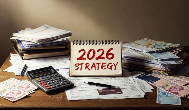 Masada dağınık duran faturalar, kredi kartları, bir hesap makinesi ve üzerinde "2026 PLAN" yazan bir not defteri.