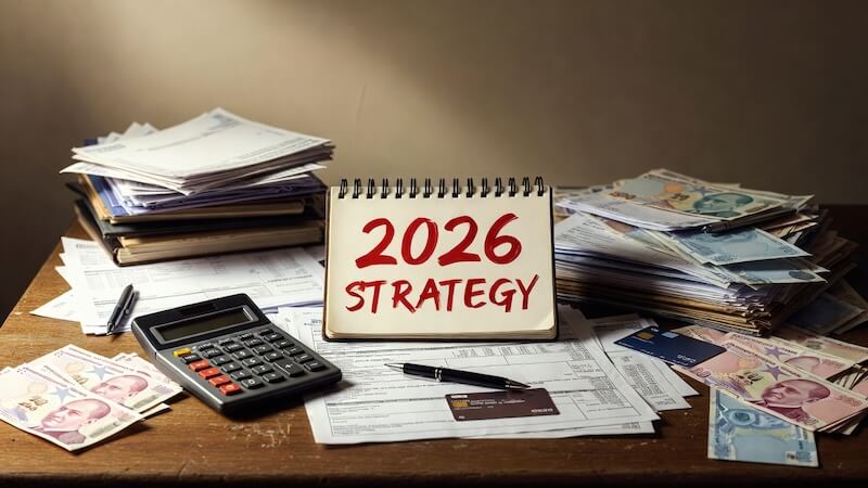 Masada dağınık duran faturalar, kredi kartları, bir hesap makinesi ve üzerinde 