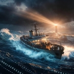 Fırtınalı denizde sağlam duran bir gemi metaforu, dijital ağlar ve kriz yönetimi grafikleri.