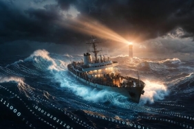 Fırtınalı denizde sağlam duran bir gemi metaforu, dijital ağlar ve kriz yönetimi grafikleri.