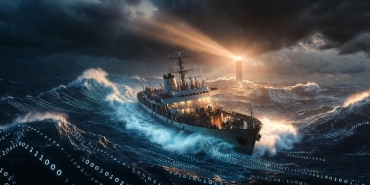 Fırtınalı denizde sağlam duran bir gemi metaforu, dijital ağlar ve kriz yönetimi grafikleri.