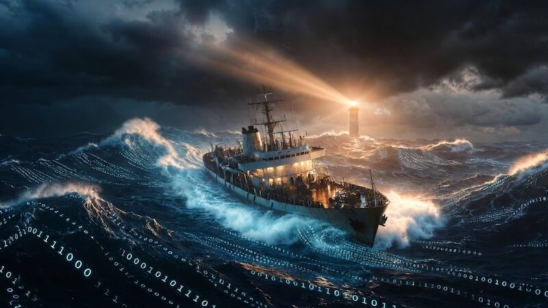 Fırtınalı denizde sağlam duran bir gemi metaforu, dijital ağlar ve kriz yönetimi grafikleri.
