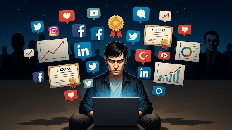 Türkiye’de dijital dünyada artan sahte uzmanlık ve algı yönetimi sorununu simgeleyen görsel.